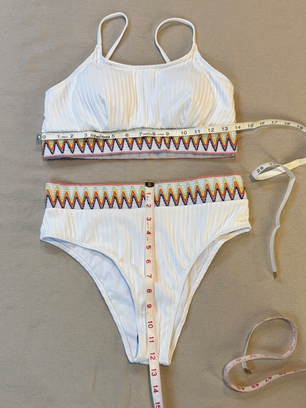 SHEIN Swim White Ribbed Two-Piece Bikini with Colorful Zigzag Trim Large